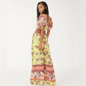 NWT Free People Bali Citrus Skies Jumpsuit Wide Leg Short Puff Sleeves XS